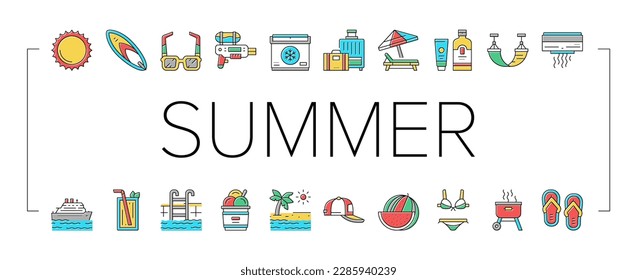 Summer Vacation Travel Collection Icons Set Vector. Resting On Summer Tropical Beach And Drink Exotic Cocktail, Swimming In Pool And Cooking Bbq Concept Linear Pictograms. Contour Color Illustrations
