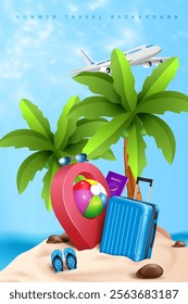 summer vacation travel concept background.travel and summer objects on the beautiful island and airplane fling on blue sky.