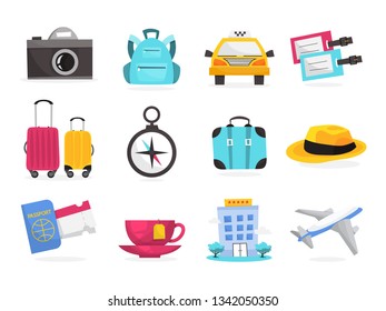 Summer vacation and travel concept. Holiday on the sunny beach. Idea of tourism and trip. Set of colorful icons. Isolated flat vector illustration