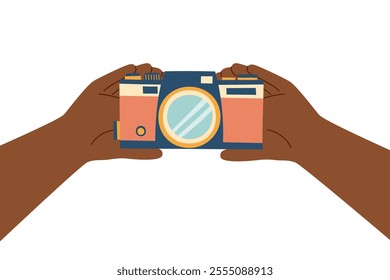 Summer, vacation and travel concept. Photo camera in human hands isolated on white. Photography concept. Vector flat illustration.