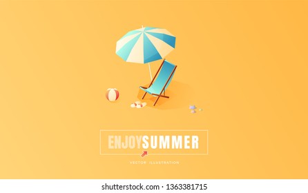 Summer. Vacation and travel concept. Umbrella, beach chair and a ball on the beach. Flat style vector illustration