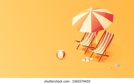 Summer. Vacation and travel concept. Umbrella, beach chair and a ball on the beach. Flat style vector illustration