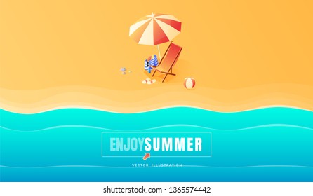 Summer. Vacation and travel concept. Umbrella, beach chair and a ball on the beach. Flat style vector illustration