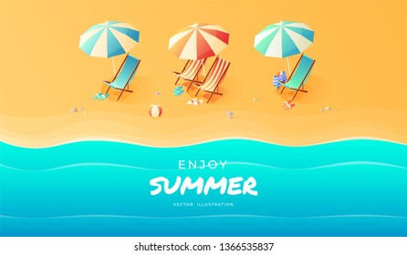 Summer. Vacation and travel concept. Umbrella, beach chair and a ball on the beach. Flat style vector illustration