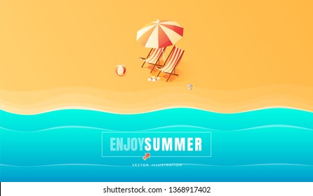 Summer. Vacation and travel concept. Umbrella, beach chair and a ball on the beach. Flat style vector illustration