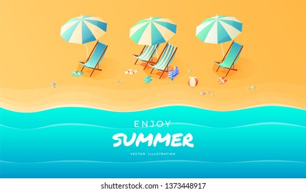 Summer. Vacation and travel concept. Umbrella, beach chair and a ball on the beach. Flat style vector illustration