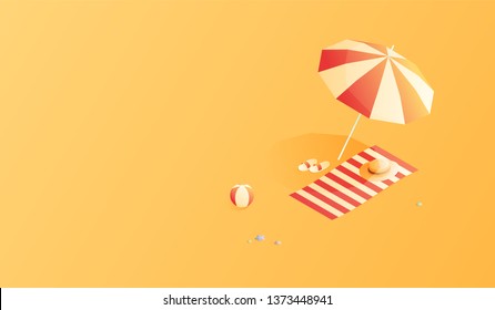 Summer. Vacation and travel concept. Umbrella, beach chair and a ball on the beach. Flat style vector illustration