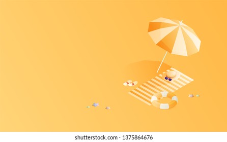 Summer. Vacation and travel concept. Umbrella, beach chair and a ball on the beach. Flat style vector illustration