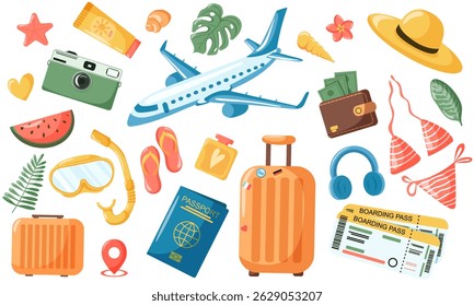 Férias de verão. Conjunto de elementos de viagem. Bagagem, câmera, acessórios. Bagagem, chapéu, passagens, flores, avião, documentos, dinheiro. Feriado de verão