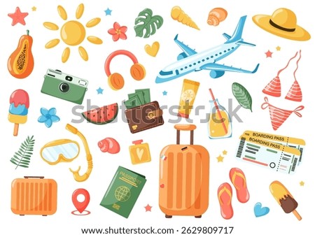 Summer vacation. Travel elements set. Luggage, camera, accessories, seashells, sun, ice cream. Baggage, hat, tickets, flowers, airplane, documents, money. Summer holiday