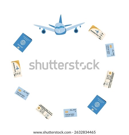 Summer vacation travel essentials with airplane, tickets, and passports.