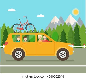 Summer vacation travel. Family trip by car. Vector flat illustration