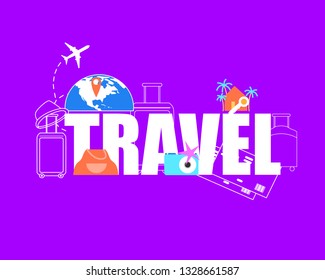Summer Vacation Travel Flat Vector Concept or Banner. Airplane Flying around World Globe, Destination Pin on Map, Baggage Gags, Airline Tickets Illustration. Touristic Postal Card Card Design Template