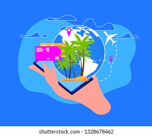 Summer Vacation Travel Flat Vector Concept. Journey Destination Pin on World Globe, Airliner Flying in Sky, Flight Tickets on Smartphone Screen Illustration. Mobile Application for Travelers Banner