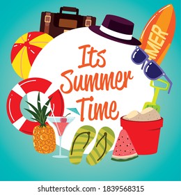 summer vacation travel, float flip flops pineapplle sunglasses label vector illustration detailed