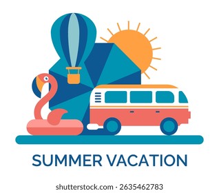 Summer vacation. Travel flyer. Beach flamingo, bus on sunset background. Minimalistic summertime geometric tropical elements. Resort vacation. Vector cartoon flat style isolated simple illustration