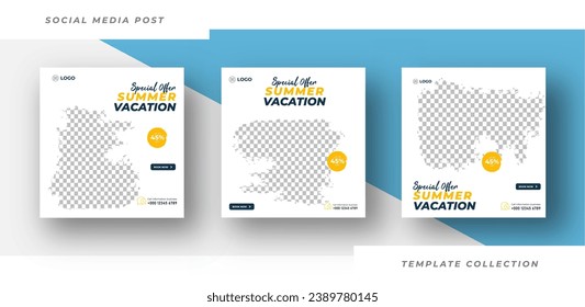 Summer Vacation Travel flyer or poster for traveling agency business offer promotion. Holiday and tour advertisement banner design. 