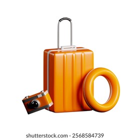 Summer vacation travel gear, camera and suitcase with floaties on the side, everything is orange, travel concept, 3D rendering