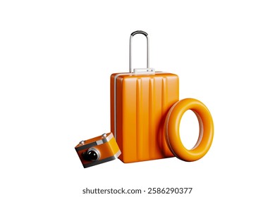 Summer vacation travel gear, camera and suitcase with floaties on the side, everything is orange, travel concept, 3D rendering