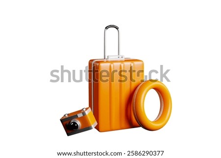 Summer vacation travel gear, camera and suitcase with floaties on the side, everything is orange, travel concept, 3D rendering