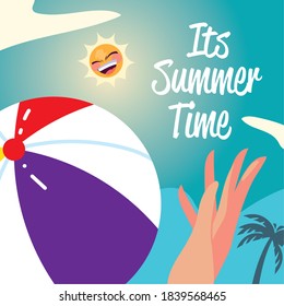 summer vacation travel, hand with beach ball and palm vector illustration detailed