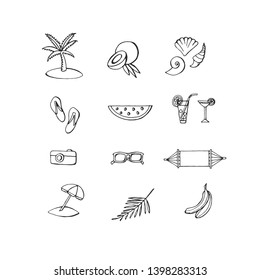 Summer vacation and travel icons isolated on white. Hand made contour summer symbols in sketch style.Palm, coconut, shell, flip flop, watermelon, coсktail, camera, sunglasses, hammock, umbrella,banana