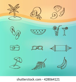 Summer vacation and travel icons on a sea beach. Contour summer symbols.