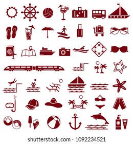 Summer vacation travel icons set red