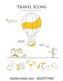 Summer Vacation and Travel Icons. Vector illustration of high quality in a flat design. Icons for the tourist site. Traveling in a balloon around the earth. 