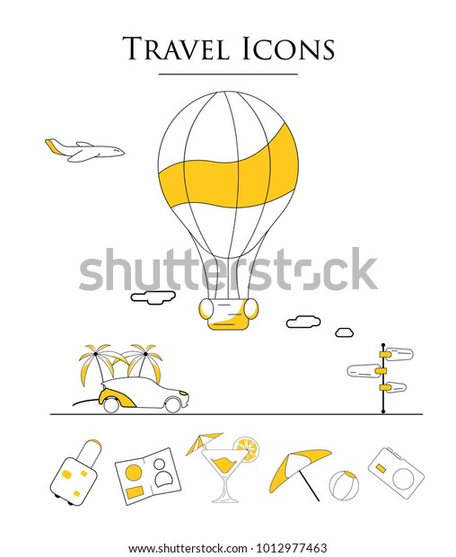 Summer Vacation and Travel Icons.\
Vector illustration of high quality in a flat design. Icons for the\
tourist site. Traveling in a balloon around the earth.\
