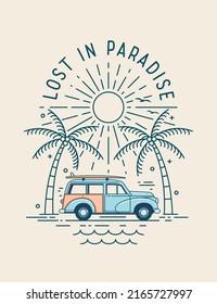 Summer vacation travel illustration with retro car with surfboard on the top on the beach under palm trees with sunset on background for poster or card or t-shirt print design. Vector illustration