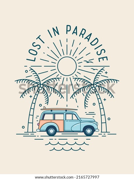Summer vacation travel illustration with\
retro car with surfboard on the top on the beach under palm trees\
with sunset on background for poster or card or t-shirt print\
design. Vector\
illustration