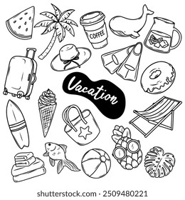 Summer vacation travel illustrations set, outline contour icons. Vector watermelon, ice cream, palm tree, suit case, sun lounger, flippers, surfboard