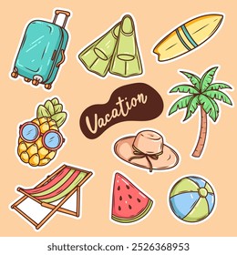 Summer vacation travel illustrations set, colorful stickers,  icons. Vector pineapple, ice cream, palm tree, suit case, sun lounger, flippers, surfboard