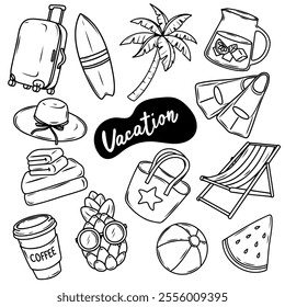 Summer vacation travel illustrations set, outline contour icons. Vector pineapple, ice cream, palm tree, suit case, sun lounger, flippers, surfboard