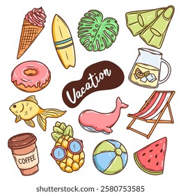 Summer vacation travel illustrations set, colorful stickers,  icons. Vector pineapple, ice cream, palm tree, suit case, sun lounger, flippers, surfboard