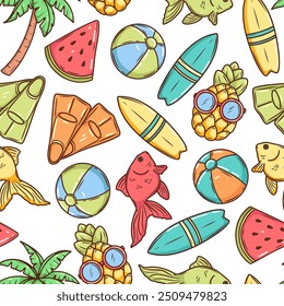 Summer vacation travel illustrations vector seamless pattern. Colorful background. Vector pineapple, ice cream, palm tree, suit case, sun lounger, flippers, surfboard