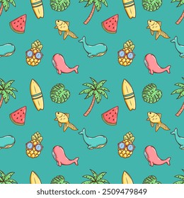 Summer vacation travel illustrations vector seamless pattern. Colorful background. Vector pineapple, ice cream, palm tree, suit case, sun lounger, flippers, surfboard