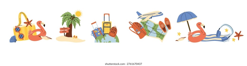 Summer vacation and travel items compositions set. Luggage elements on globe, Beach accessories, tropical coastal illustrations set. Flamingo floating ring with headphones, beach bag, palm tree