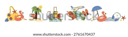 Summer vacation and travel items compositions set. Luggage elements on globe, Beach accessories, tropical coastal illustrations set. Flamingo floating ring with headphones, beach bag, palm tree
