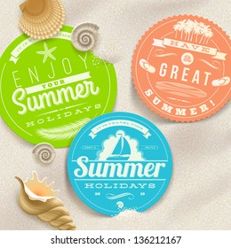 Summer vacation and travel labels and sea shells on a beach sand - vector illustration. (elements outside of the art-board is not cut off - they with clipping mask)