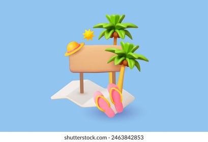 Summer vacation. Travel map, palms, hat, sign banner and flip flops. Beach relax. Tropical travel. 3D render vector realistic elements