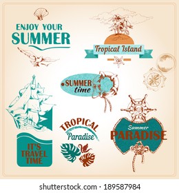 Summer vacation travel old fashioned nautical advertising symbols collection tropical paradise set hand drawn vector illustration
