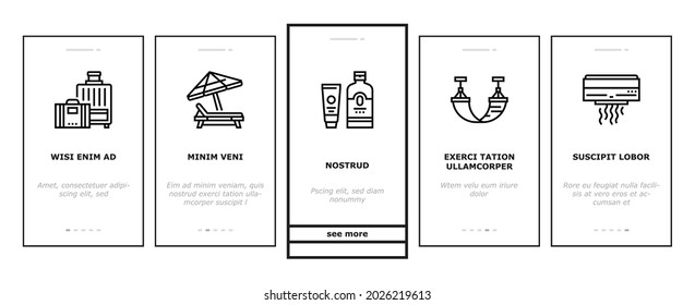 Summer Vacation Travel Onboarding Mobile App Page Screen Vector. Resting On Summer Tropical Beach And Drink Exotic Cocktail, Swimming In Pool And Cooking Bbq Illustrations