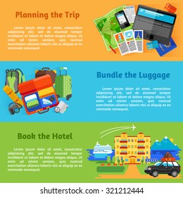 Summer vacation travel planning with hotel booking pictograms 3 horizontal flat banners set abstract isolated vector illustration