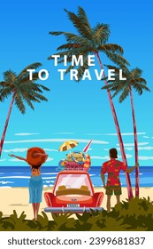 Summer vacation travel poster couple in love red car with luggage bags