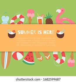 Summer vacation travel poster with umbrella, watermelon, cocos and beach swimming flamingo, surfboard and holiday elements vector illustration. Summer is here vacation on sea beach poster.