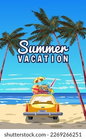 Summer vacation travel poster yellow car with luggage bags, surfboard on the beach