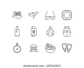 Summer vacation, travel related line icons set with hotel, airplane, sunglasses, lifeline, luggage, passport, location, cruise ship, compass, bungalow, tropical cocktail, flippers.