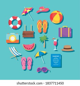 summer vacation travel, set icons include suitcase palm cocktail passport sunglasses hat and more vector illustration